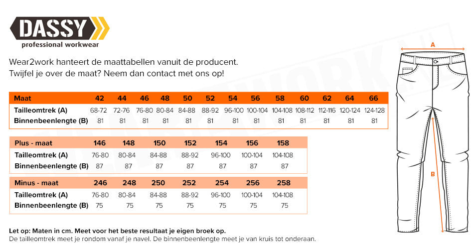 Werkbroek Dassy stretch Dynax - Maattabel