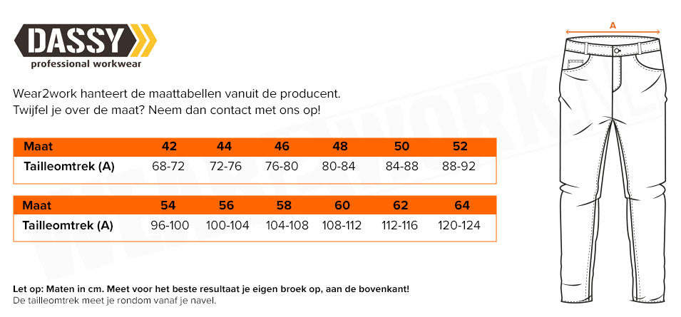 Werkbroek Dassy Stark - Maattabel