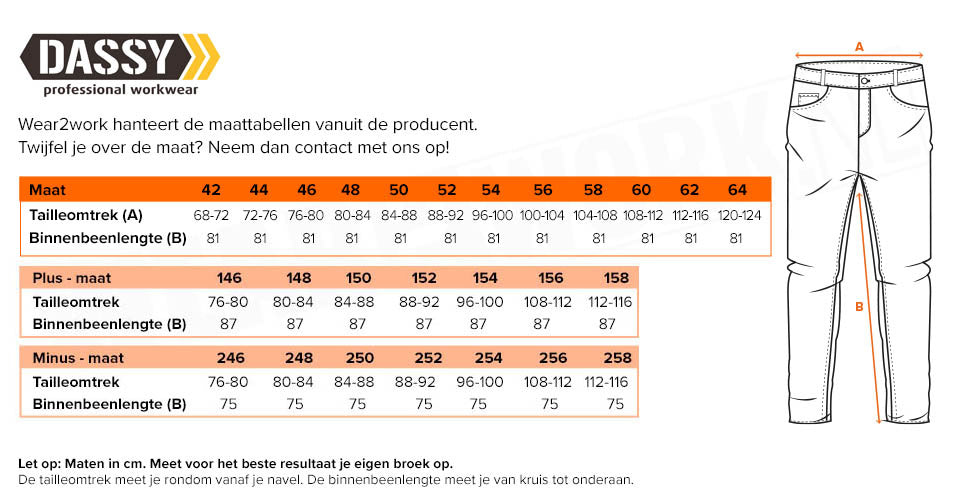 Reflecterende regenbroek Dassy Oranje - Maattabel