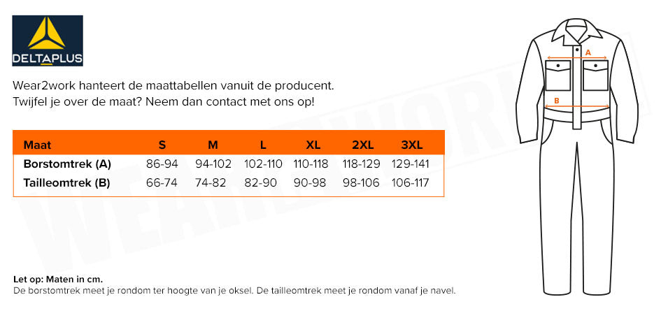 Wegwerp overall Delta Plus - Maattabel