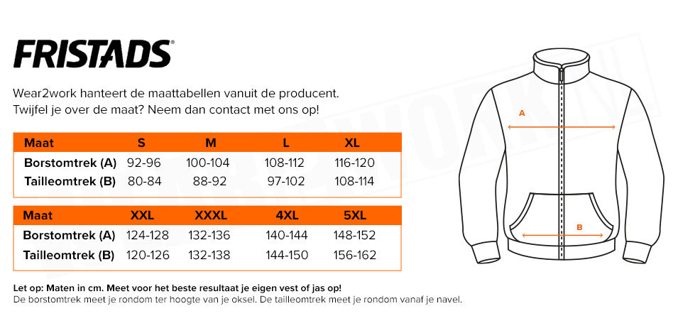 Fristads sweater 7394 - Maattabel