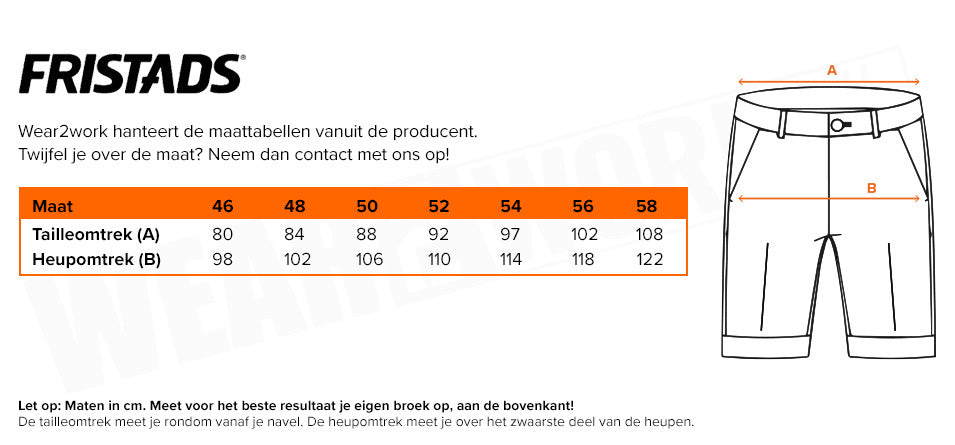 Korte stretch werkbroek Fristads 2702 groen - Maattabel