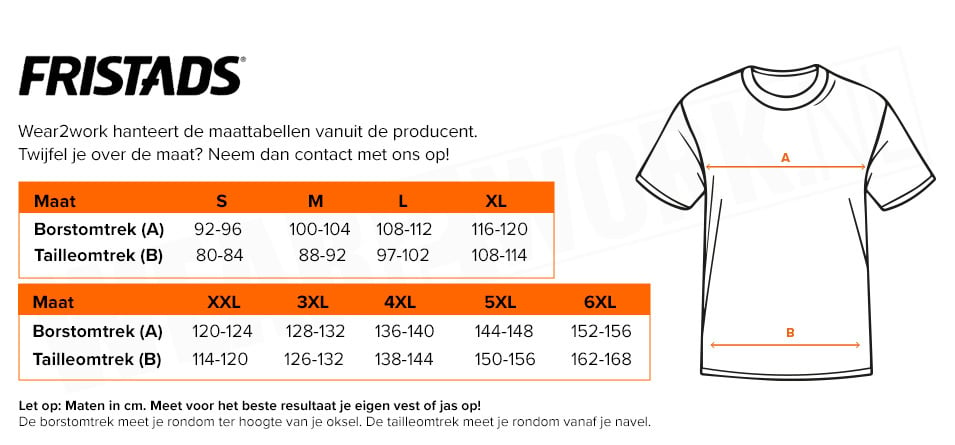 Coolmax schilders t-shirt Fristads 100% polyester 918 - Maattabel