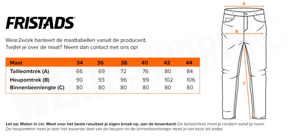 Dames werkbroek Fusion Fristads 2554 - Maattabel