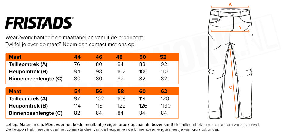 Fristads Werkbroek stretch 2526 - Maattabel