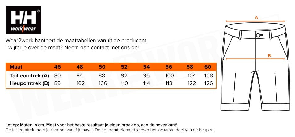 Korte werkbroek Oxford construction Helly Hansen - Maattabel