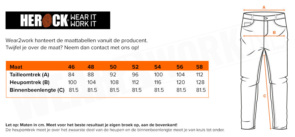 Werkbroek Herock Dagan - Maattabel