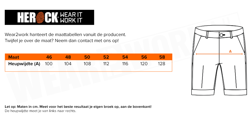 Korte werkbroek Stretch Herock Hespar Bermuda - Maattabel