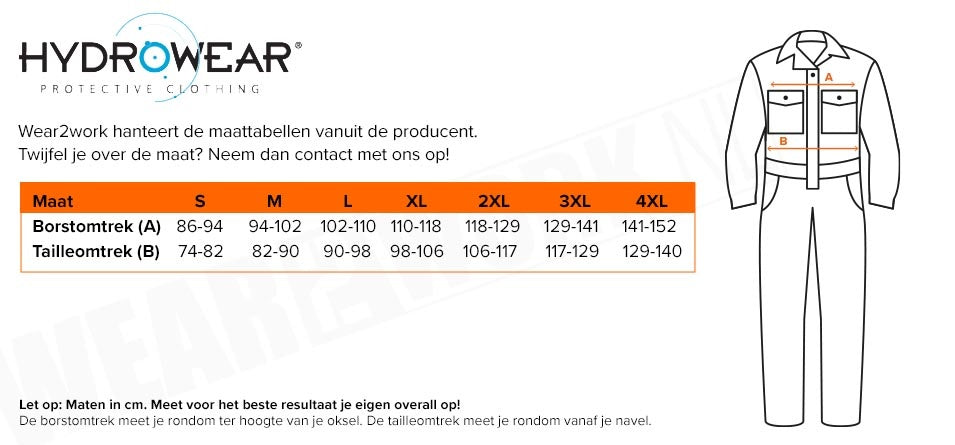 Hydrowear regenoverall Urk Groen - Maattabel