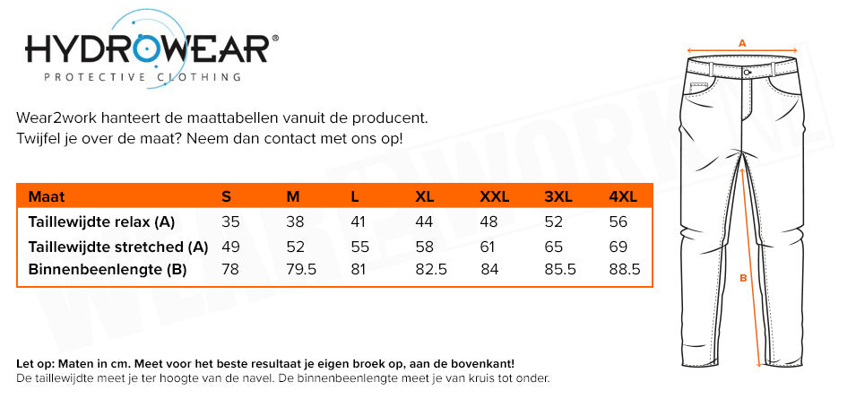 RWS regenbroek Hydrowear Bangkok geel - Maattabel