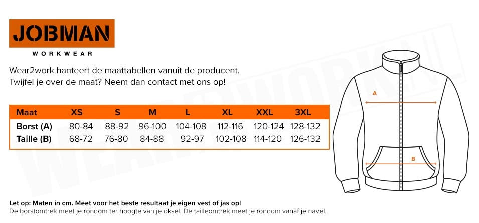 Schildersvest 5400 Jobman - Maattabel