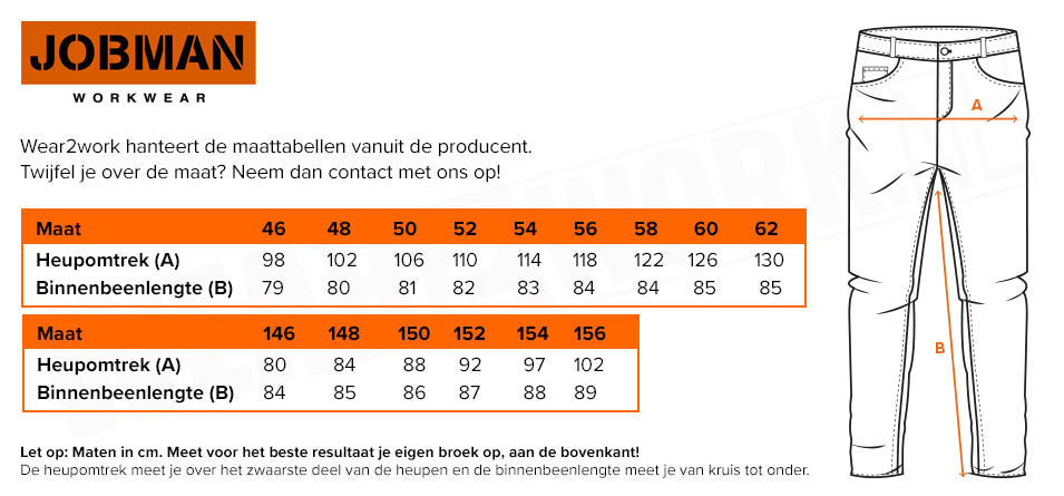 Werkbroek Jobman stretch 2194 - Maattabel