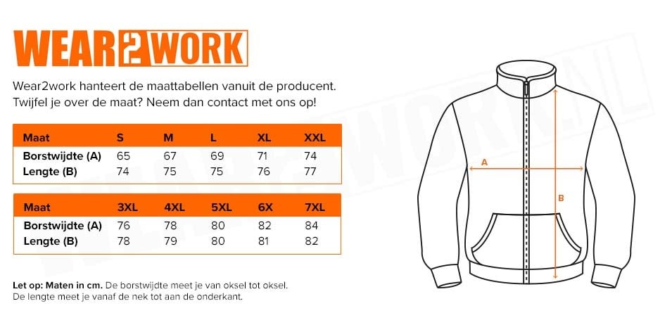 RWS Pilotjack high-visibility oranje - Maattabel