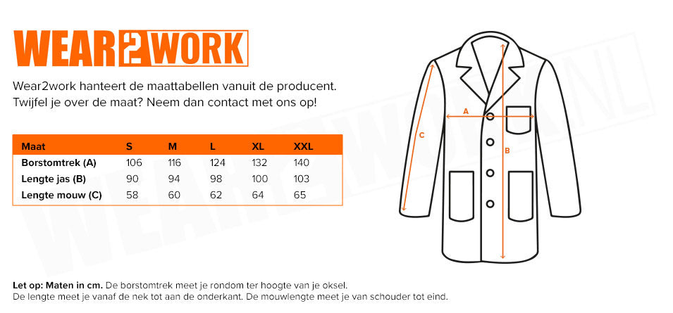 Stofjas 100% katoen wit - Maattabel