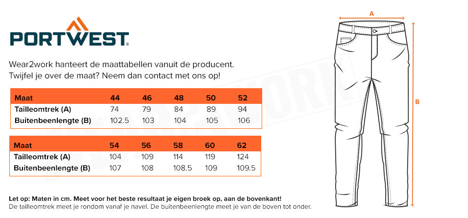 RWS 4-way stretch werkbroek Portwest R440 - Maattabel