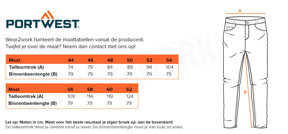 Reflecterende werkbroek 4-way stretch DX442 - Maattabel