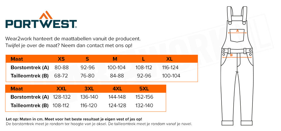 High-Visibility Amerikaanse overall oranje - Maattabel