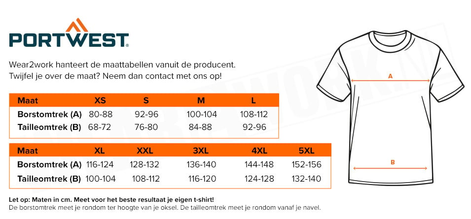 Thermo shirt lange mouwen Portwest - Maattabel