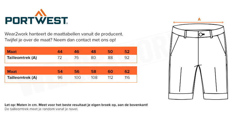 Korte werkbroek 4-way stretch DX444 - Maattabel