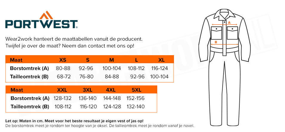 Vlamvertragende overall reflectie Portwest Iona - Maattabel