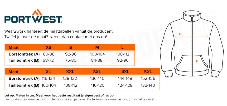 Waterdichte werkjas Outcoach - Maattabel