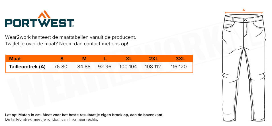 Vlamvertragende werkbroek Portwest Bizweld - Maattabel