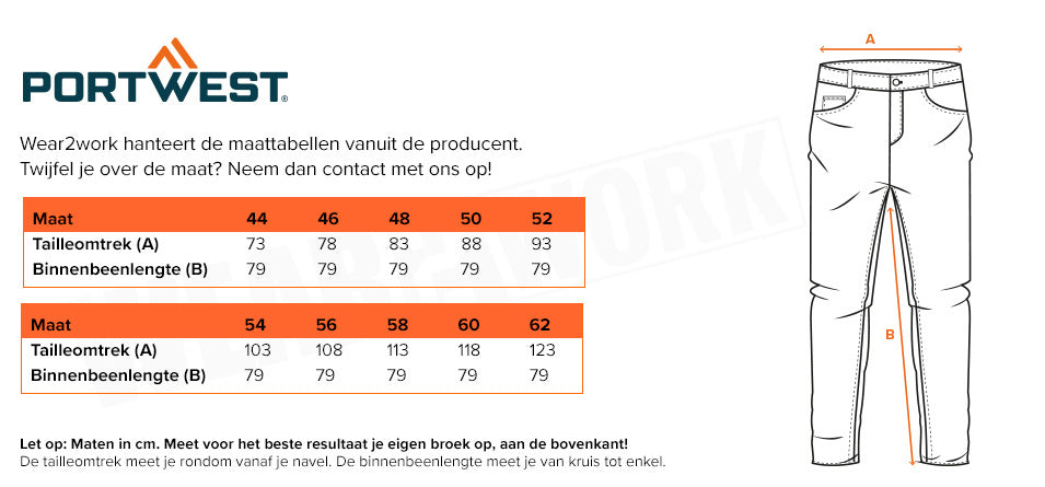 Stretch werkbroek Portwest PW304 - Maattabel