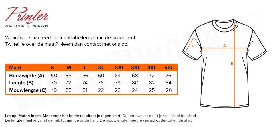 T-shirt Printer Prime - Maattabel