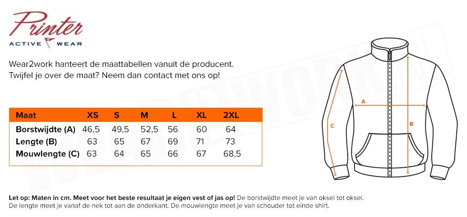 Vest Printer Prime Dames - Maattabel