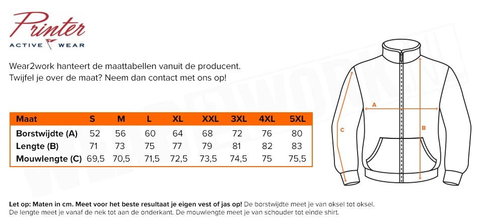 Softshell jas Printer Prime - Maattabel