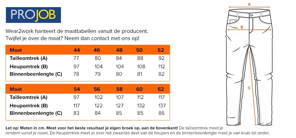 Werkbroek Projob 2518 - Maattabel