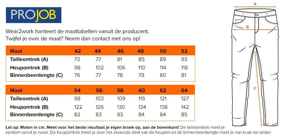 Werkbroek ProJob 5531 Sale - Maattabel