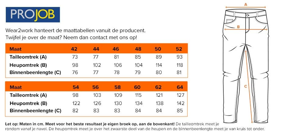 Werkbroek Projob stretch 5551 - Maattabel