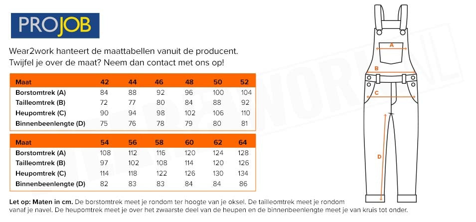 ProJob Amerikaanse overall 5630 - Maattabel