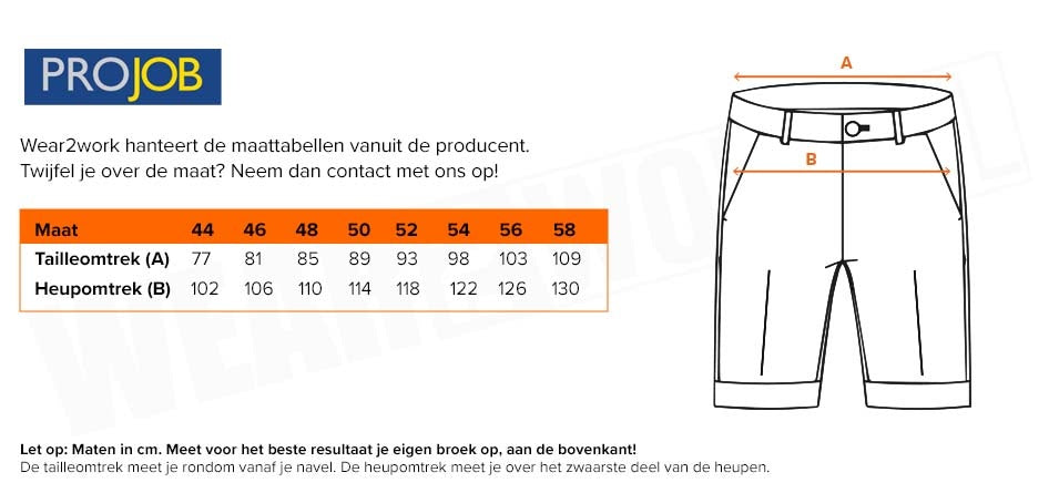 Korte werkbroek stretch Projob 3521 - Maattabel