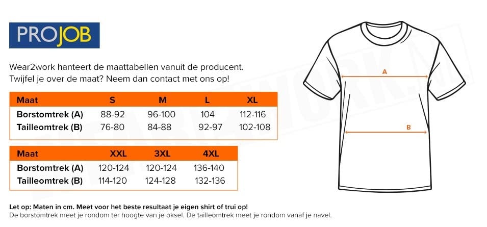 ProJob T-shirt ronde hals 2016 - Maattabel