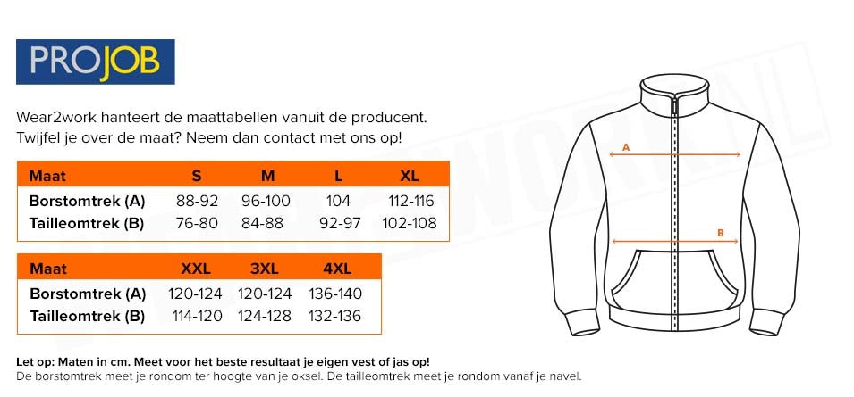 Softshell jas ProJob 2422 - Maattabel