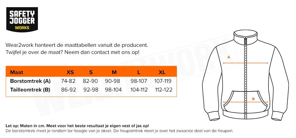 Gevoerde dames winterjas Oak Safety Jogger - Maattabel