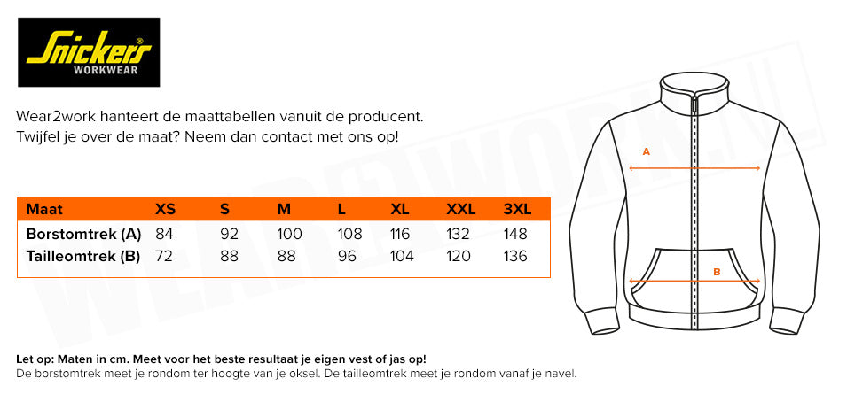 Gevoerde werkjas Snickers 1100 - Maattabel