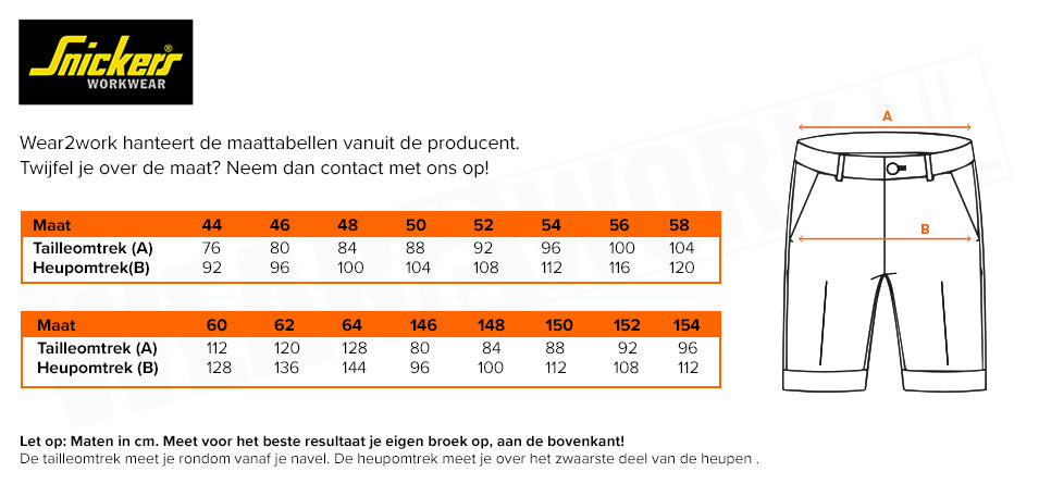 Snickers korte werkbroek service 6100 - Maattabel