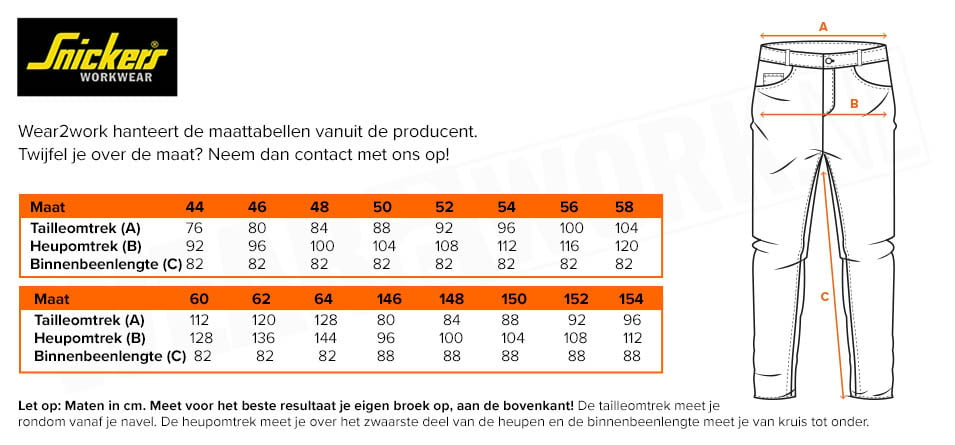 Snickers spijkerbroek stretch 6955 - Maattabel