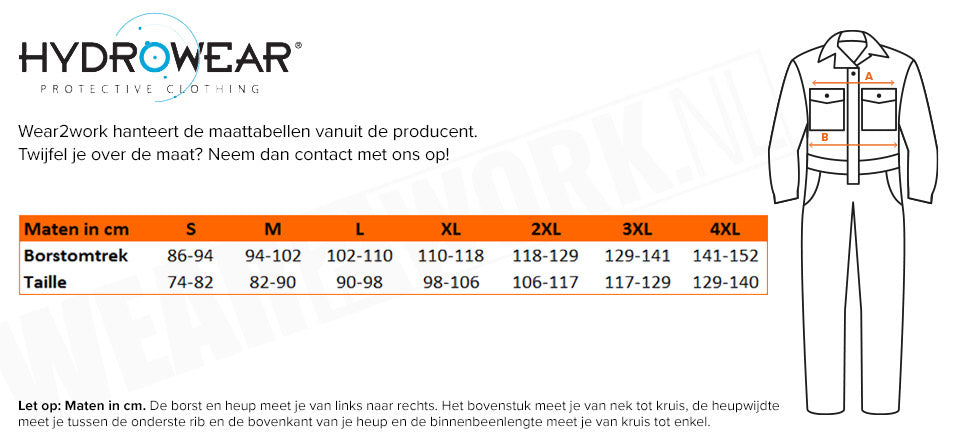 RWS regenoverall high-visibility Ureterp Hydrowear - Maattabel