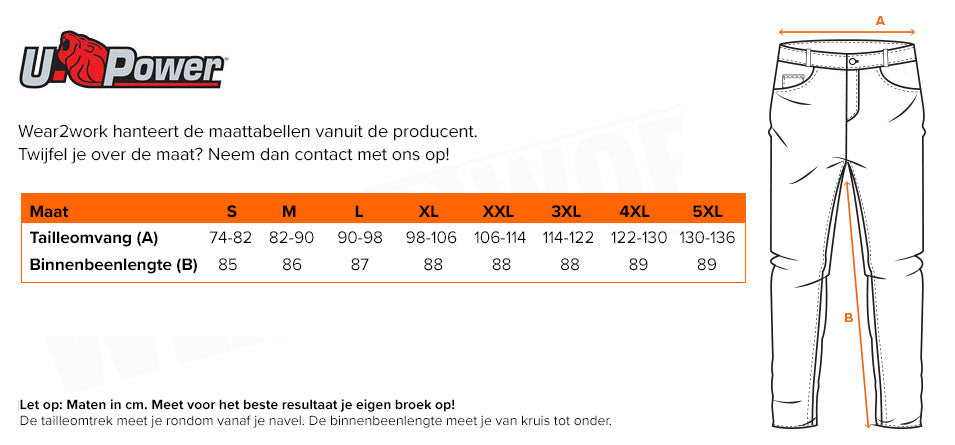 U-Power werkbroek 4-way stretch Atom - Maattabel