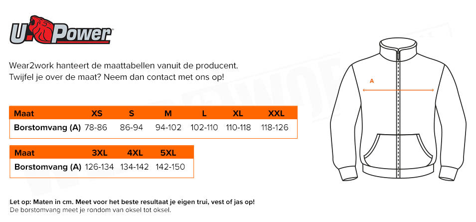 Softshell jas heren U-Power Space - Maattabel