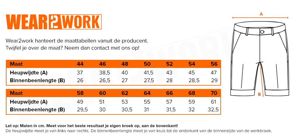 RWS Korte werkbroek geel - Maattabel